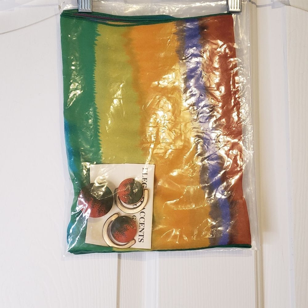 NIP Colorful Scarf, Scarf Clip, and Earring Set